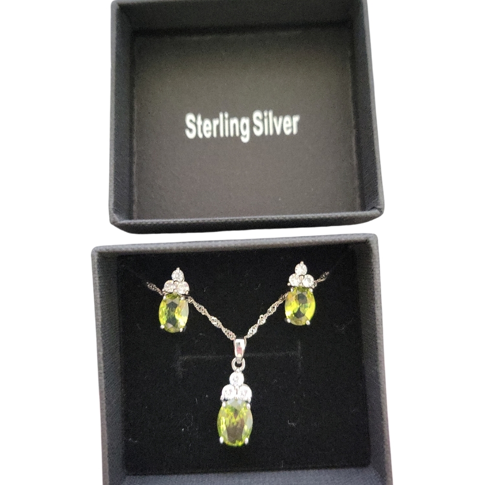 Sterling Silver Peridot Necklace & Earrings Jewelry Set